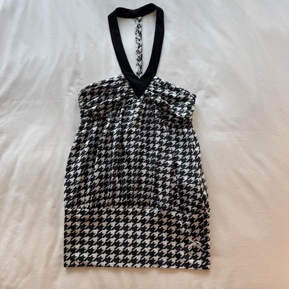 Niihai white and black houndstooth haleter top